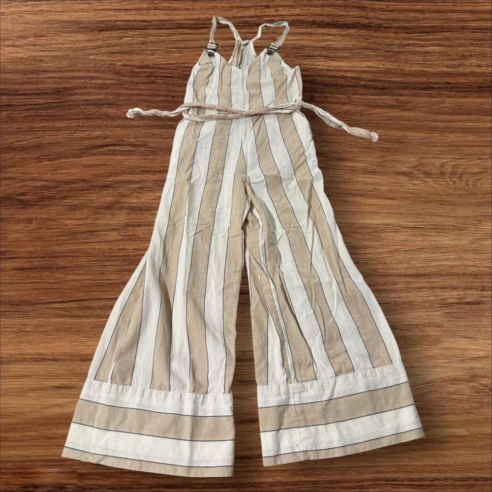 Billabong Striped Jumpsuit Wide Leg Crop Tan Cream V Neck Overalls Womens Small - Picture 4 of 8